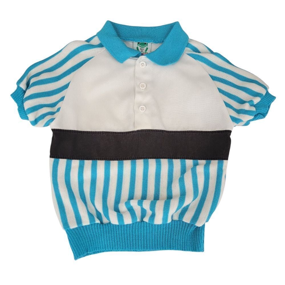 Bull Frog 80s Striped Blue White Kids Knit Polo Shirt Eclectic Grandpa Vintage
